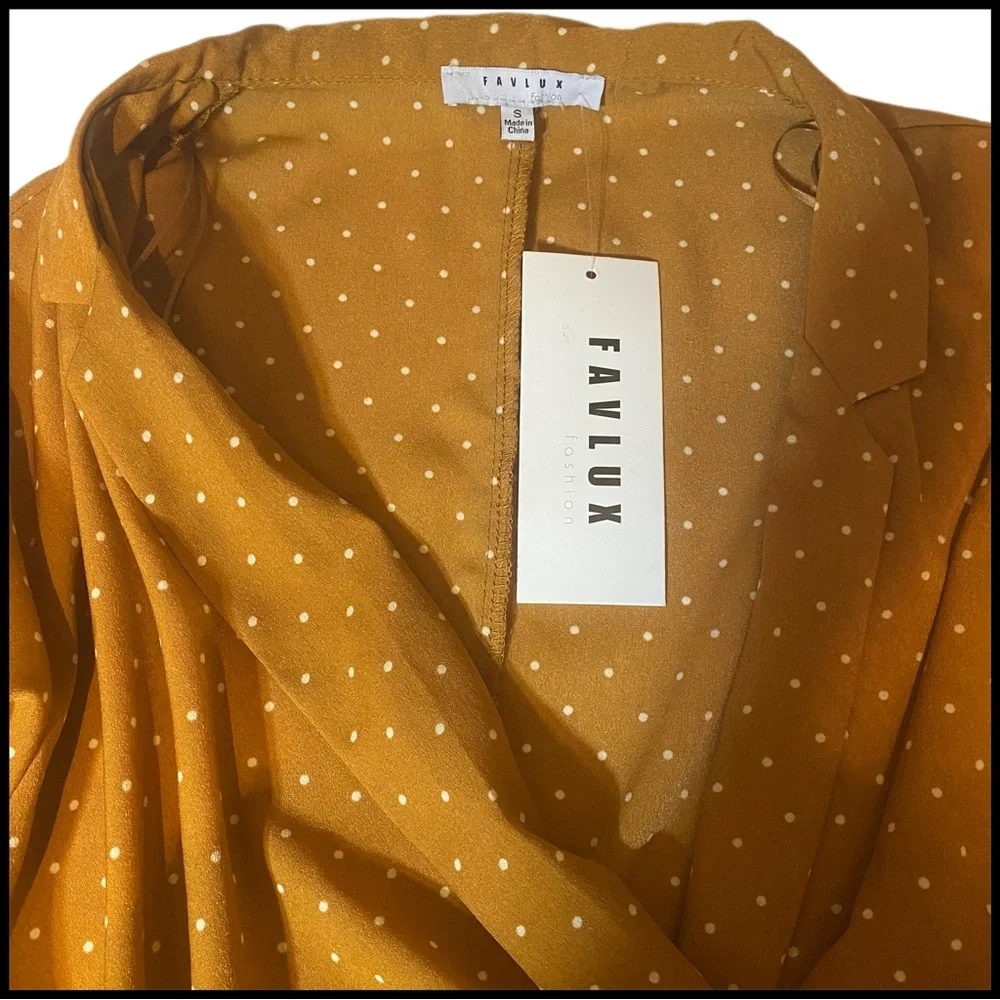NWT FAVLUX LONG SLEEVE SURPLICE HIGH LOW HEM MUSTARD POLKA DOT BLOUSE - Picture 8 of 9